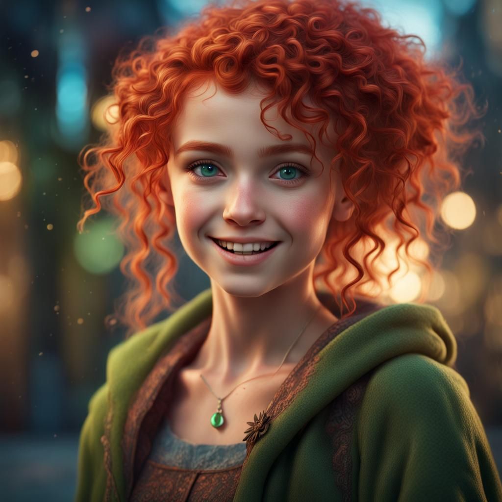 Red-Haired Girl with Tender Smile: Fantasy Art