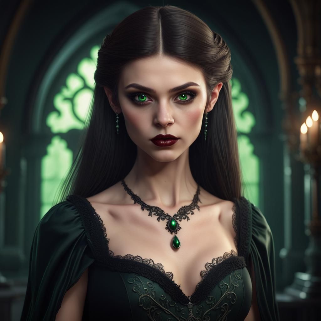 Brunette Vampire Teen with Piercing Green Eyes