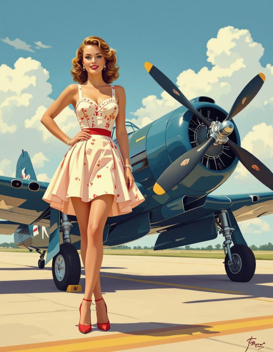 F4U Corsair & Pin-Up Girl on Runway, Bold & Vibrant Style