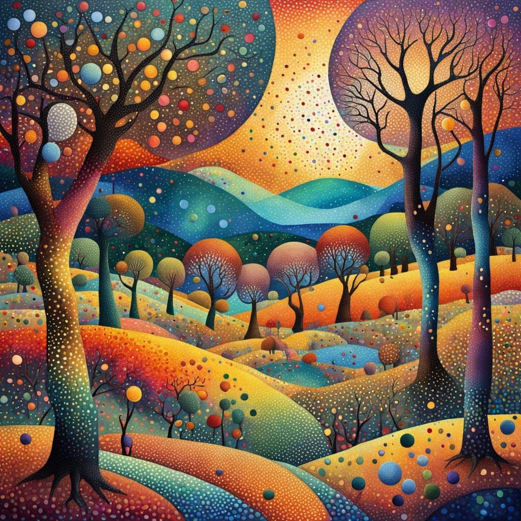 Surreal Pointillist Landscape with Spotted Animals