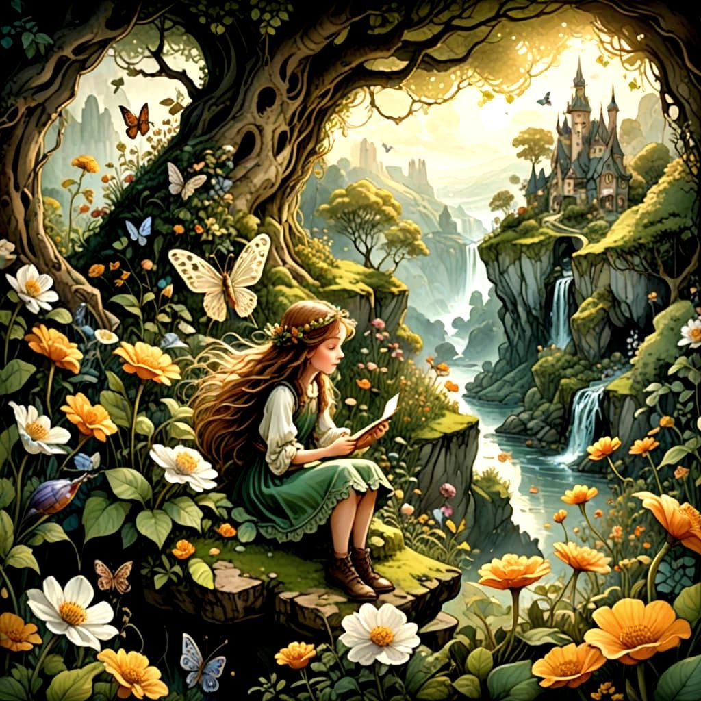 Enchanted Secret Garden on Crumbling Cliff, Storybook Illust...