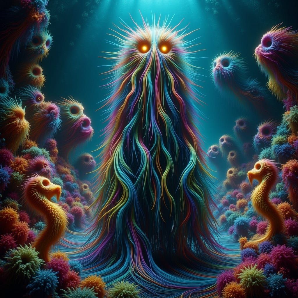 Dogfish in Iridescent Gown in Bioluminescent Palace