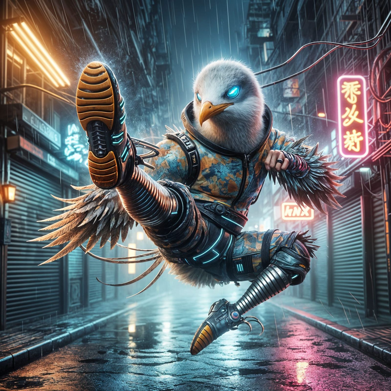 Cyberpunk Ninja Seagull Mid-Air Kick