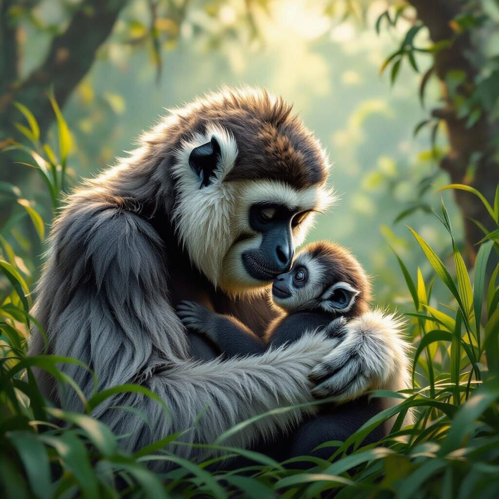 Gibbon Family in Painterly Style