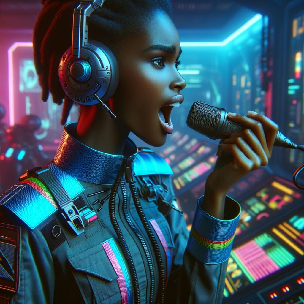 Futuristic Communicator Officer in Cyberpunk Control Room