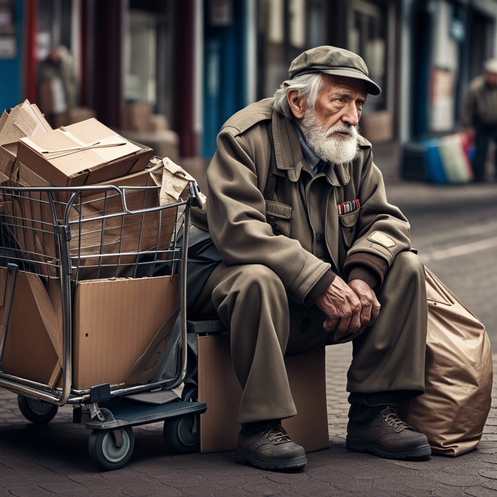 Homeless Veteran: Hyperrealistic HDR Image of Elderly Man