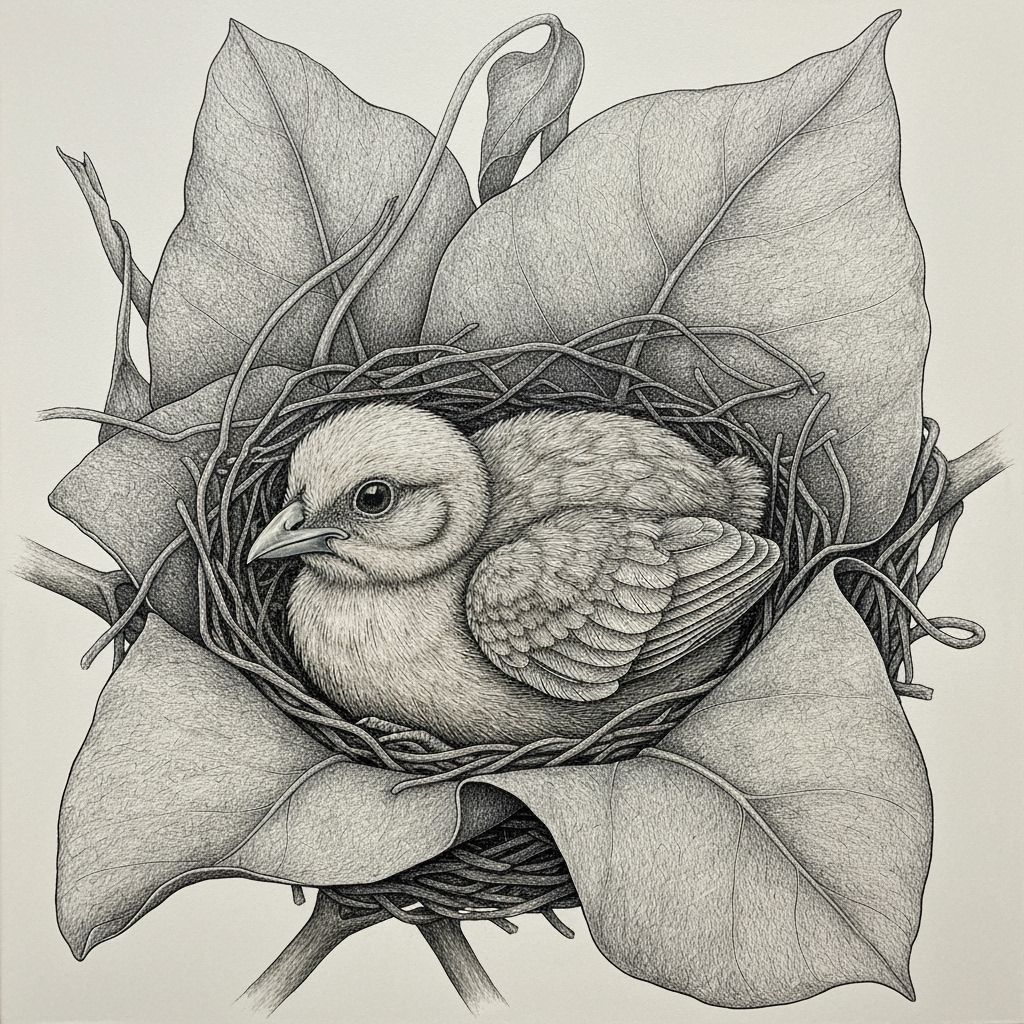 Detailed Painting of a Bird in a Nest