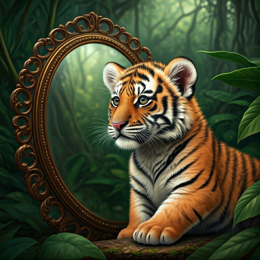 Tender Tiger Cub in Antique Mirror