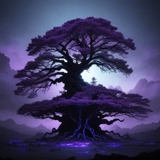 Colossal Tree on Alien World with Purple Sky