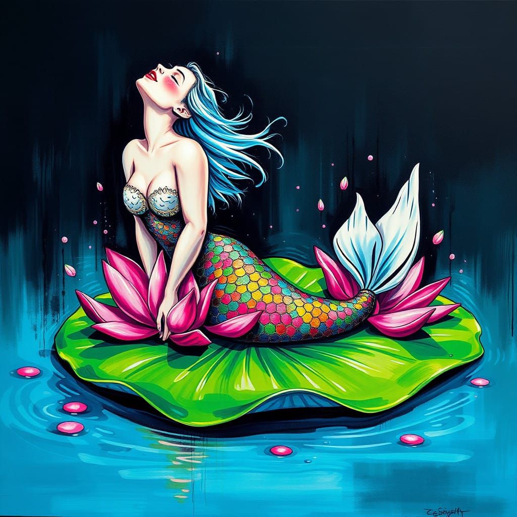 Vibrant Mermaid on Lily Leaf in Splash Art