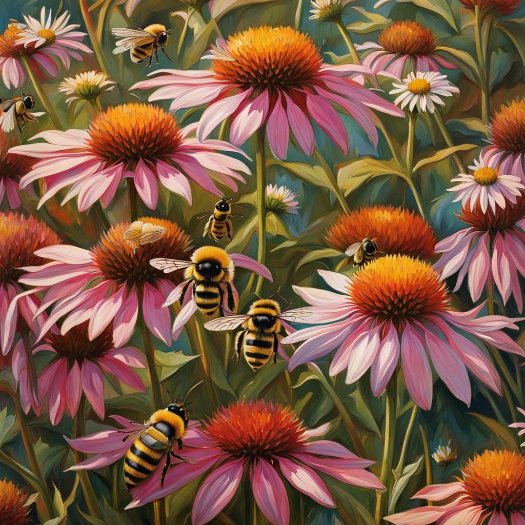 Coneflowers and Bees in Pre-Raphaelite Style