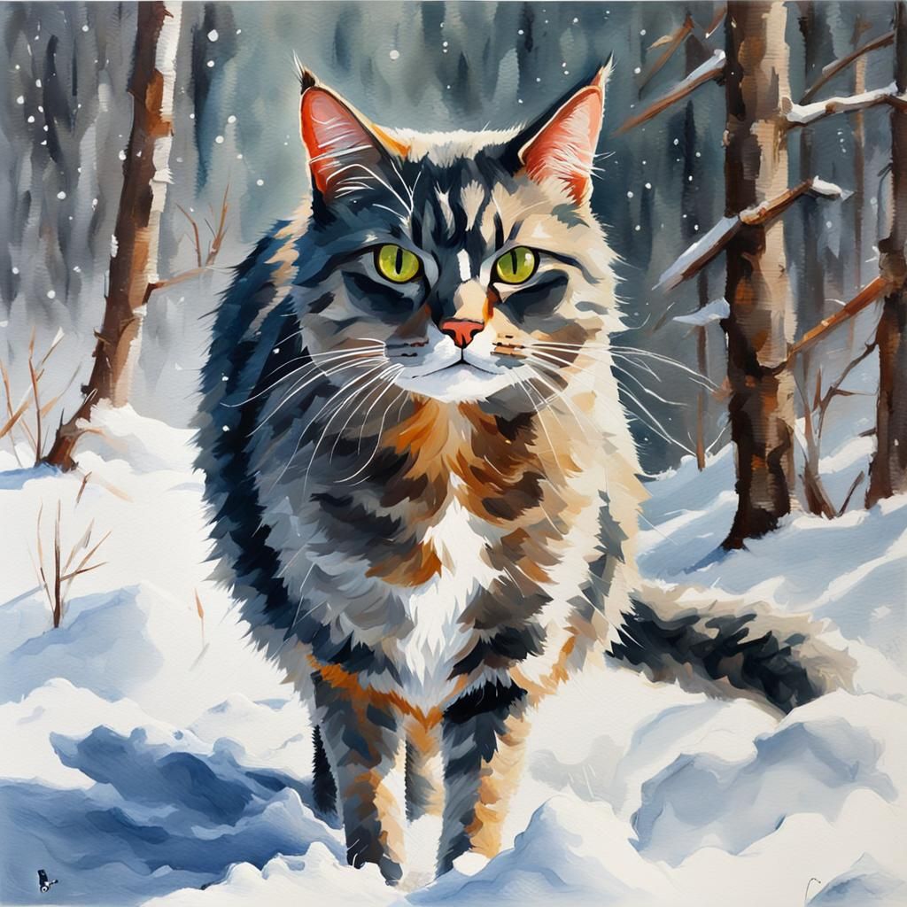Grey Cat in Snow, Gouache Impressionist Painting