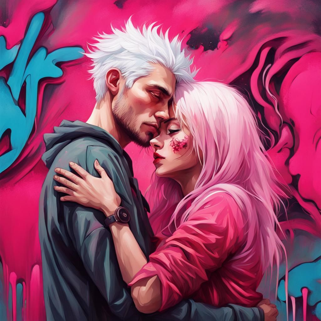 Embracing Couple in Graffiti Splash Art Style