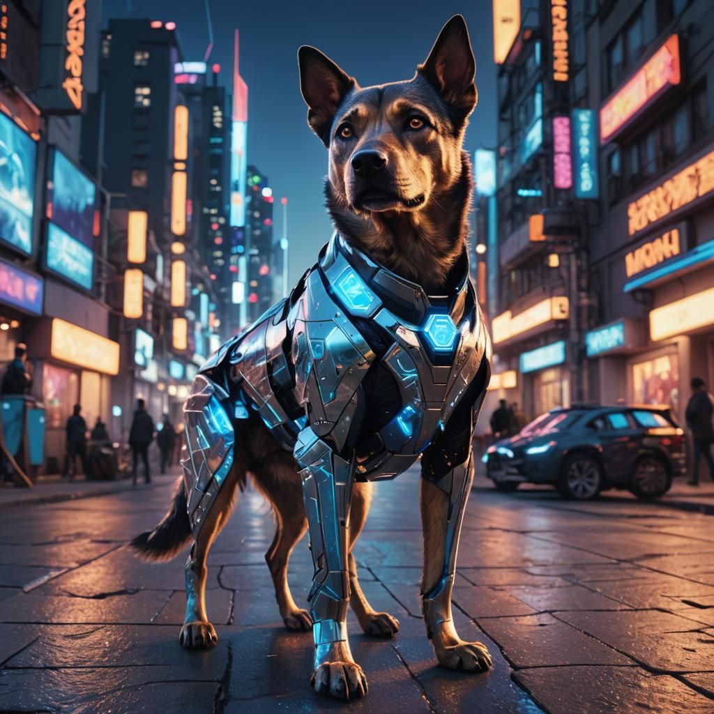 High-Tech Dog in Futuristic Cityscape
