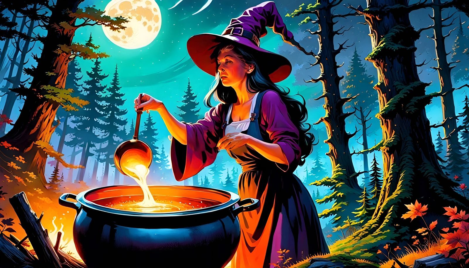Witch Brews Potion in Dark Woods: Digital Painting