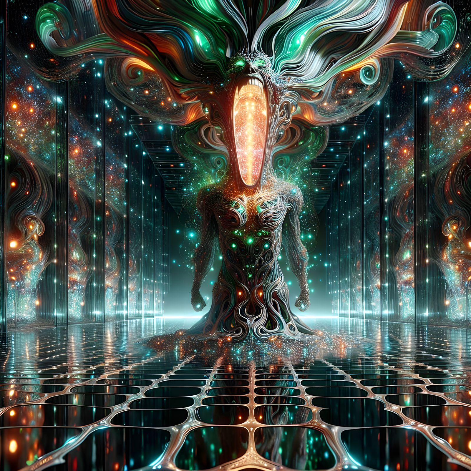 Towering Humanoid Figure in a Surreal, Futuristic Landscape