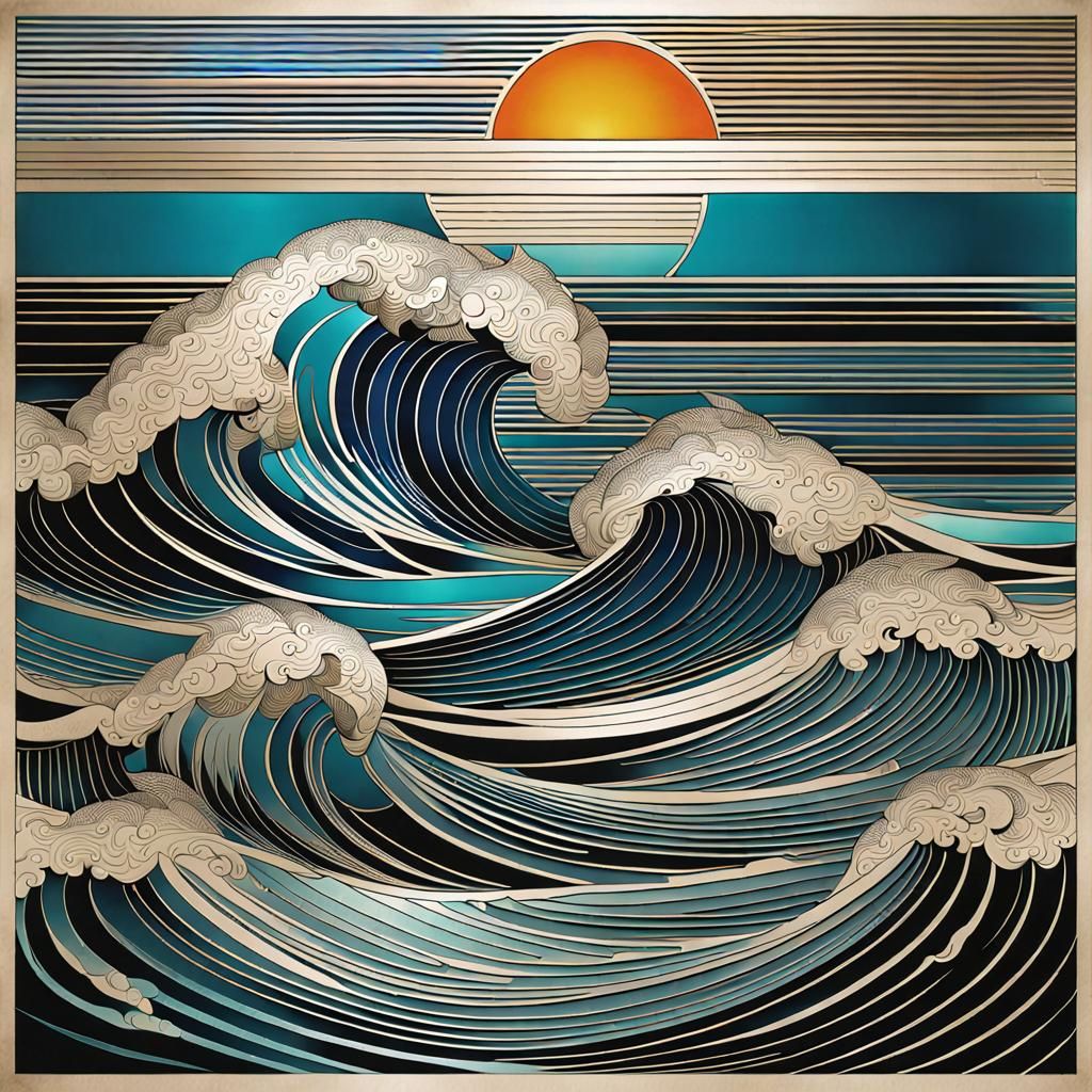 Geometric Steel Engraving of a Raging Sea