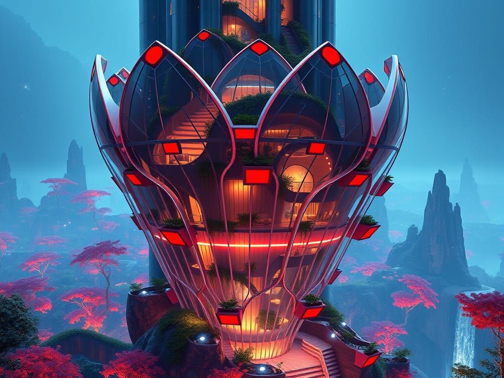 Sleek Futuristic Flower-Shaped Building in an Alien Forest