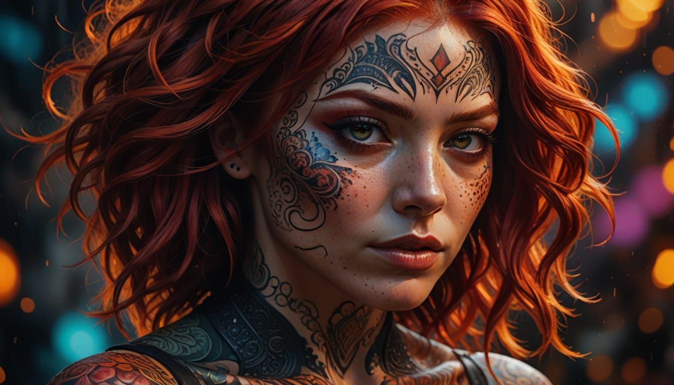 Vibrant Redhead with Tattoos in Splash Art Style