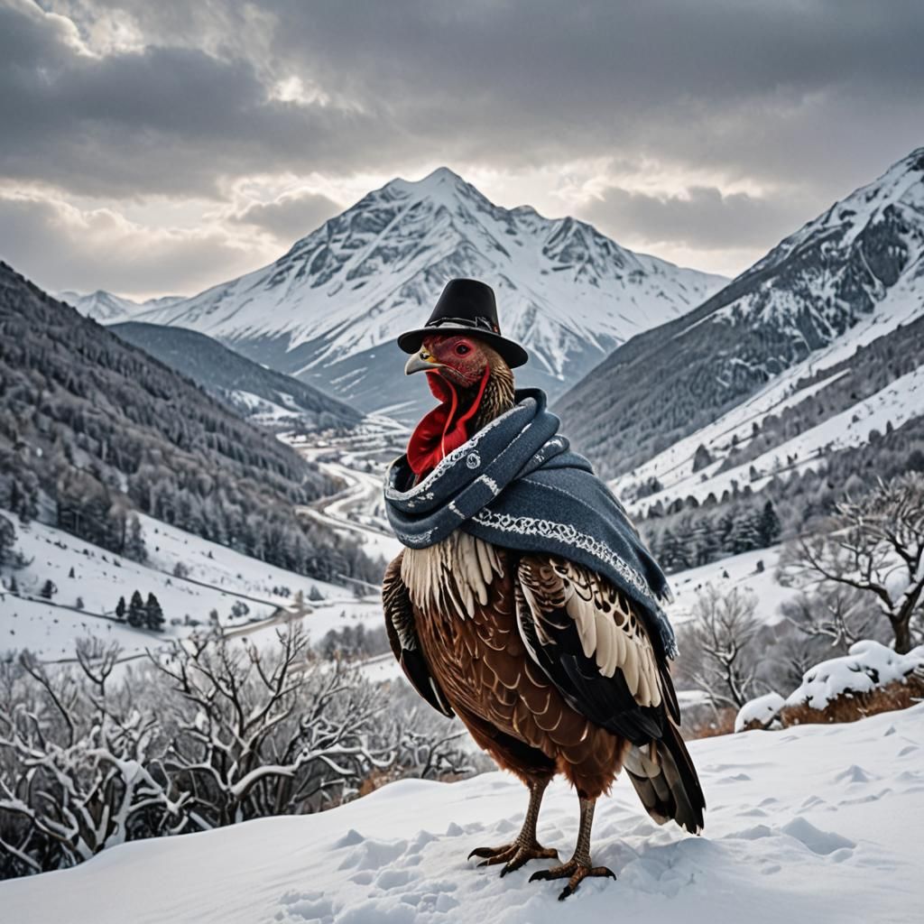 Freezing Turkey Shivers in Snowy Mountains