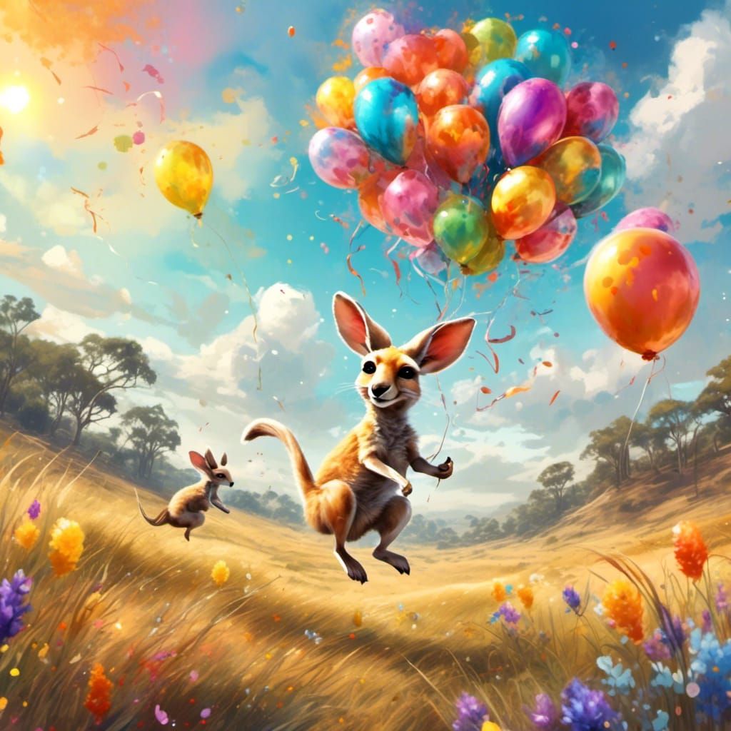 Cute Kangaroo with Balloons in Watercolor Meadow