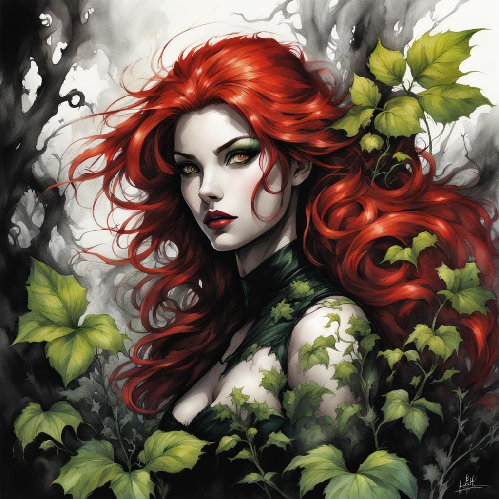 Poison Ivy in Dark Silhouette, Ink Sketch Art