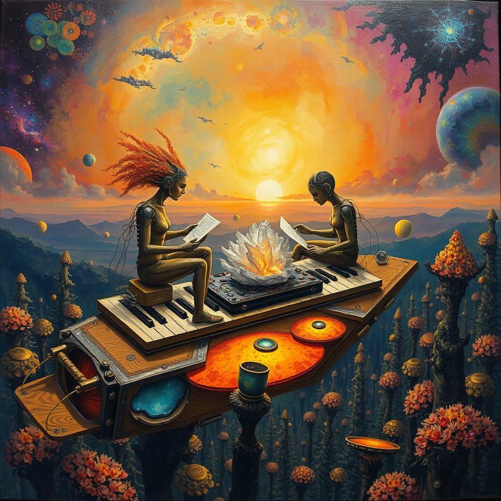 Ethereal Figures Compose Surreal Poems in Sunset Galaxy