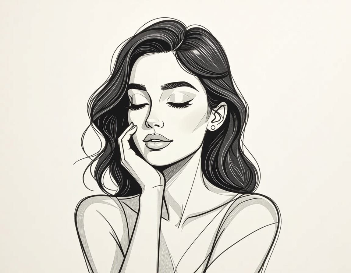 Elegant Line Drawing of Dreamy Woman in Pencil