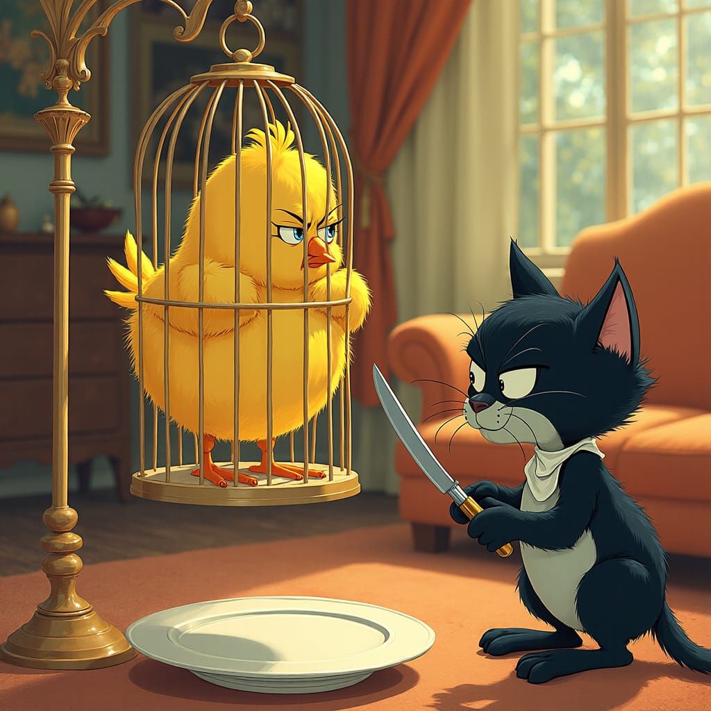 Grumpy Chick and Hungry Cat, Vintage Cartoon Style