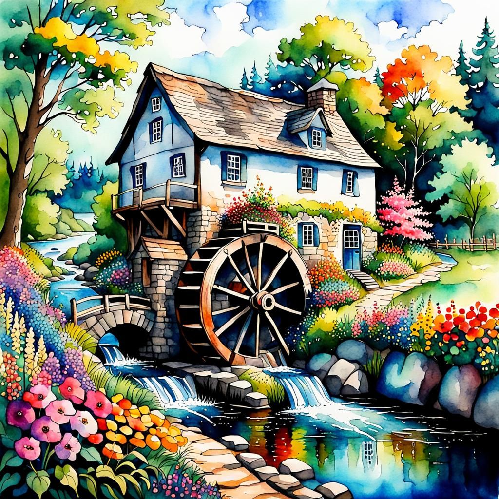 Riverside Cottage with Flower Garden in Watercolor