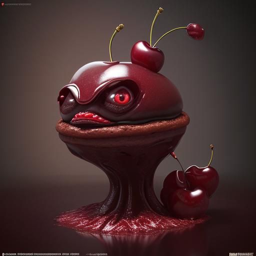 Surreal Chocolate Cherry Cake Creature in 3D