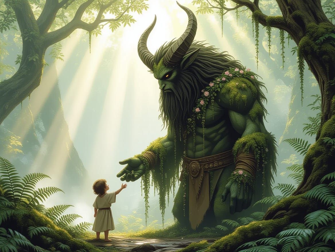 Moss-Covered Forest Spirit and Child in Sunbeams