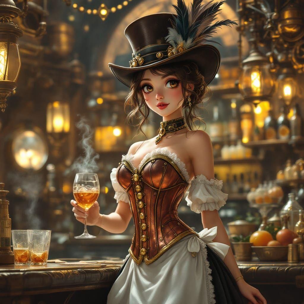 Steampunk Anime Barmaid in a Sci-Fi Bar