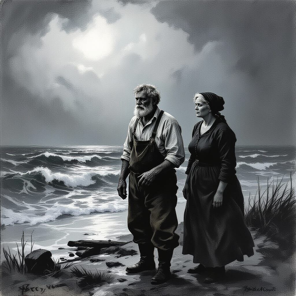 Fisherman and Wife on Stormy Shore