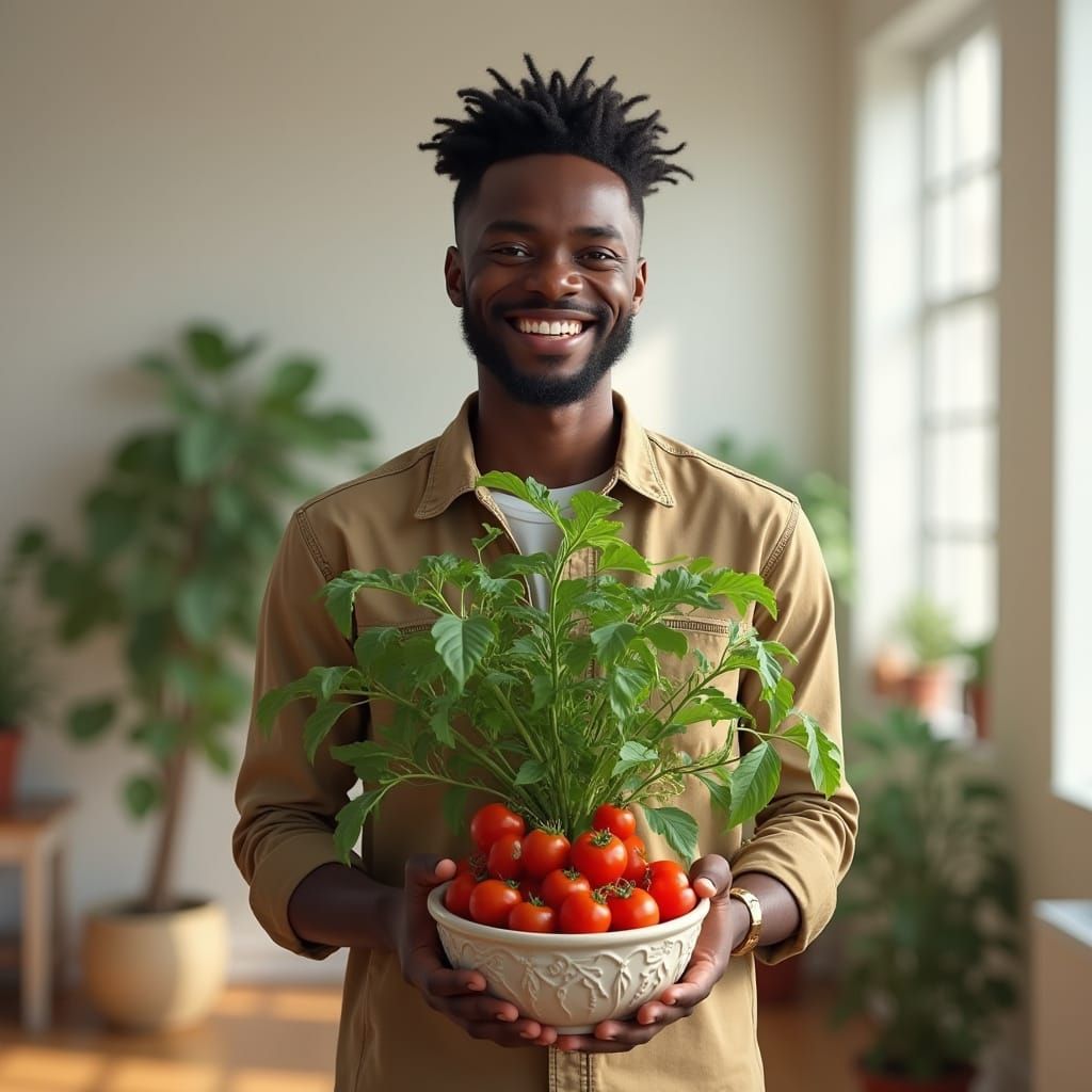 Smiling Host with Thriving Tomatoes Plant in Digital Art Sty...