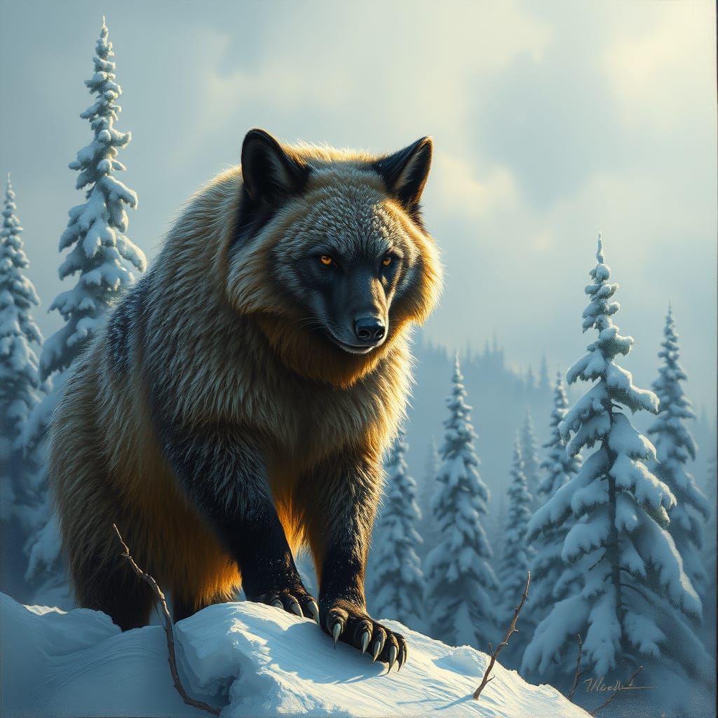 Wolverine in Frosty Coat: Hyper-Realistic Oil Painting