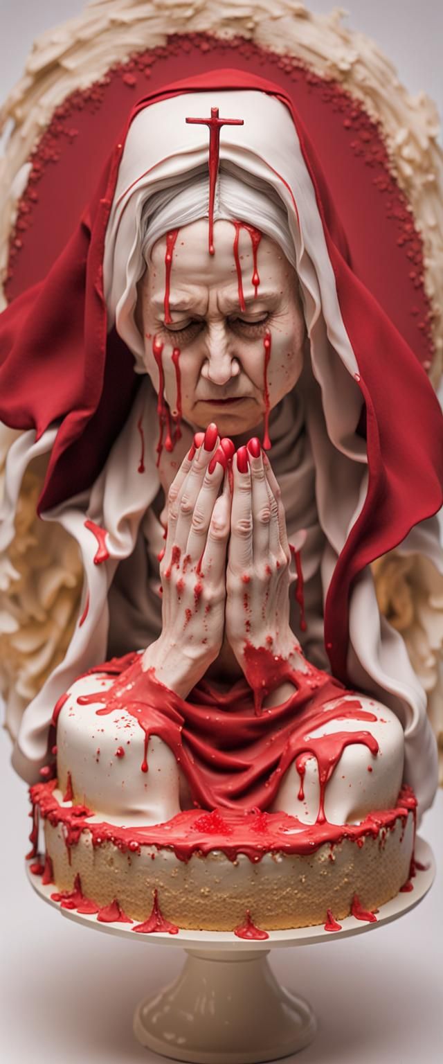 Nun Figurine Praying on Cake, Hyperrealistic Image