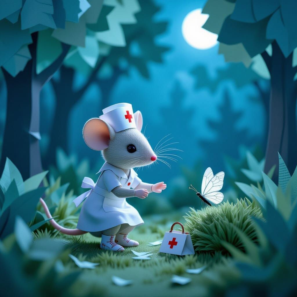 Paper Nurse Mouse Helping Butterfly in Steampunk Forest