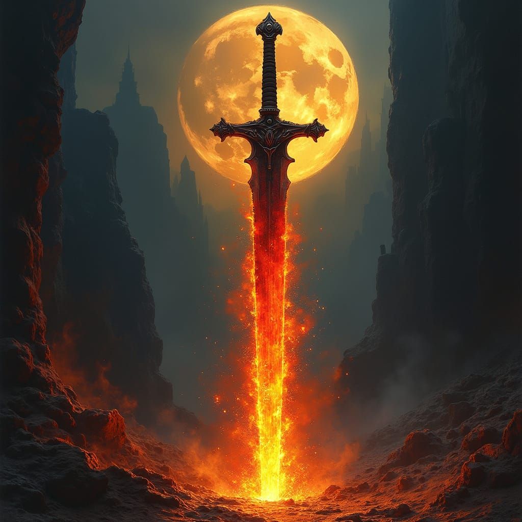 Blazing Fire Sword in Mystical Moonlit Atmosphere