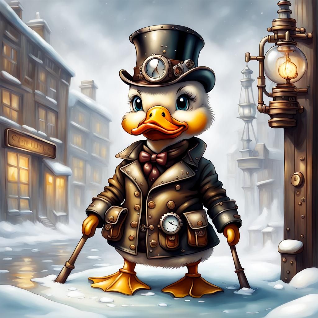 Winter Chibi Duck with Steampunk Engine