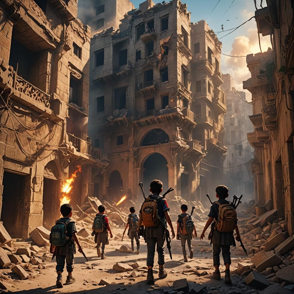Children in Ruined Cityscape: Fantasy Concept Art