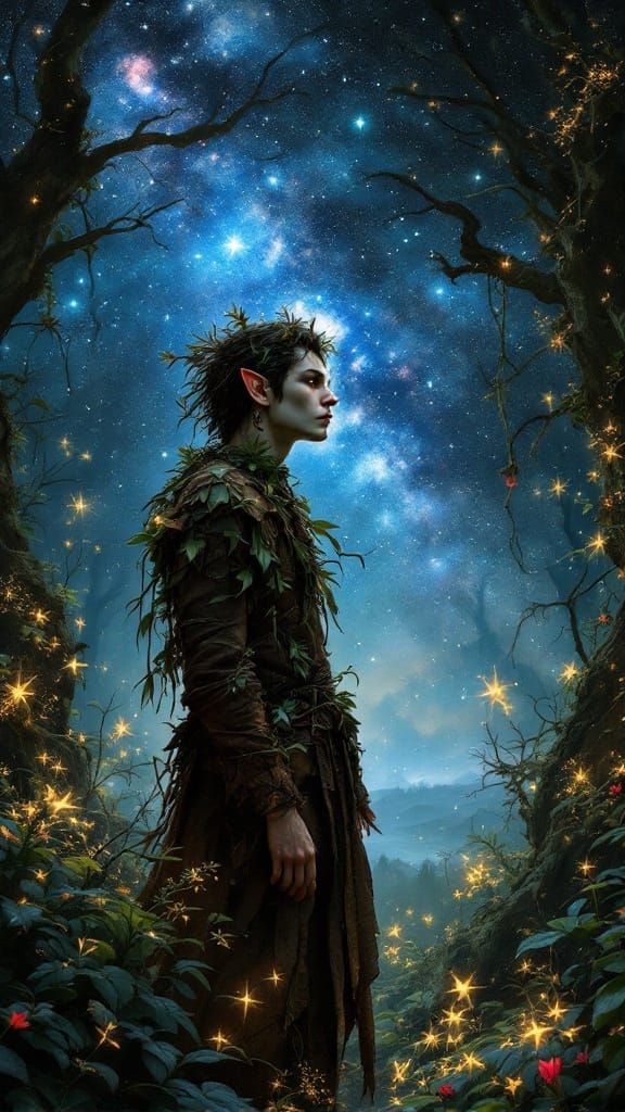 Historical, mythological, and folklore-styled fey man, man fairy, in a dark forest with glowing flowers and trees, the n...