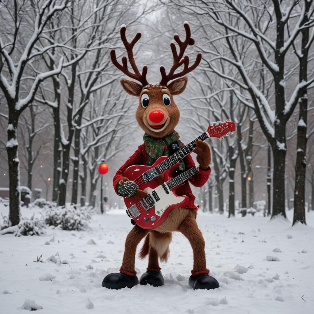 Rudolf Plays Guitar in Snowy Christmas Scene