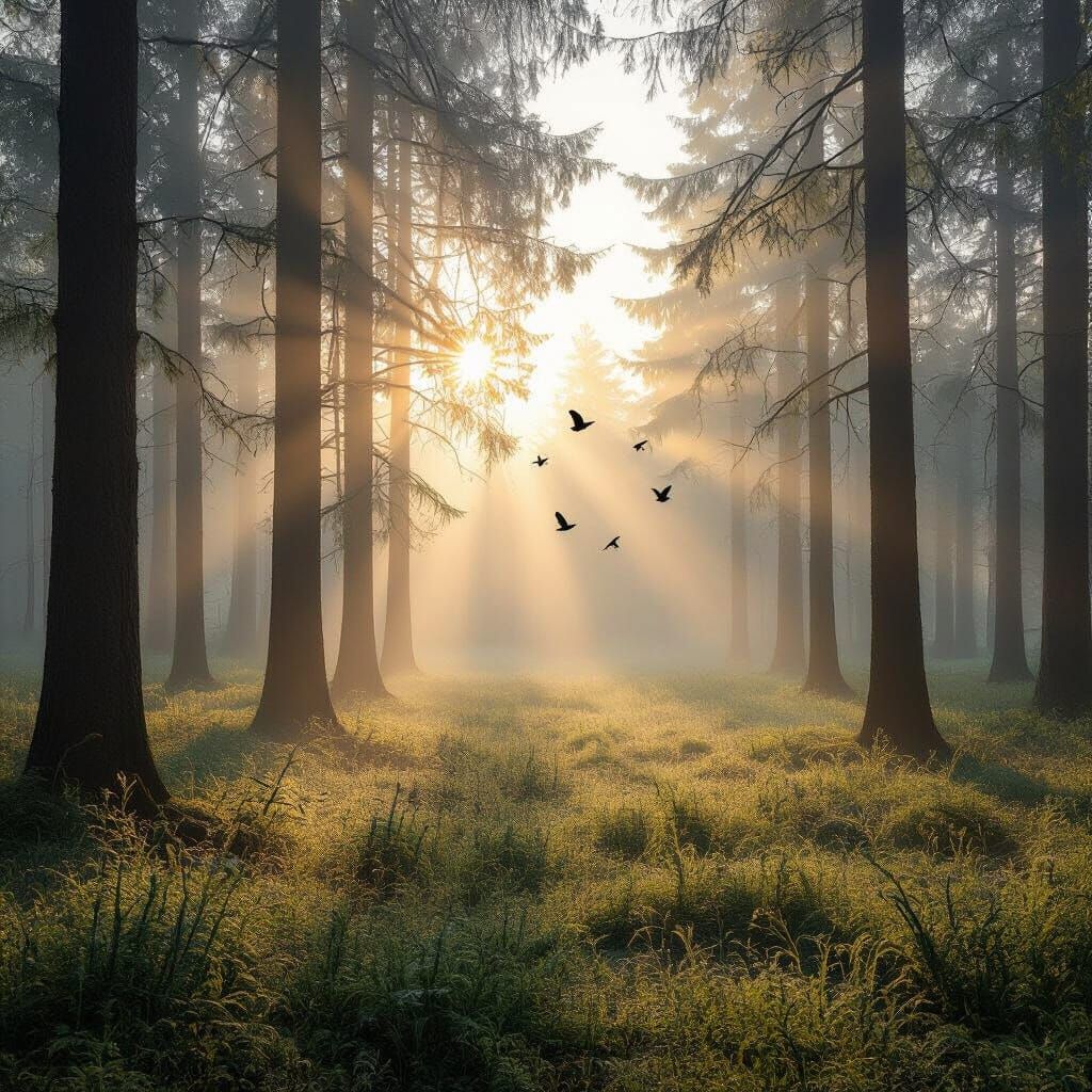 Early Morning Sunlight Through Misty Forest, Photorealistic ...
