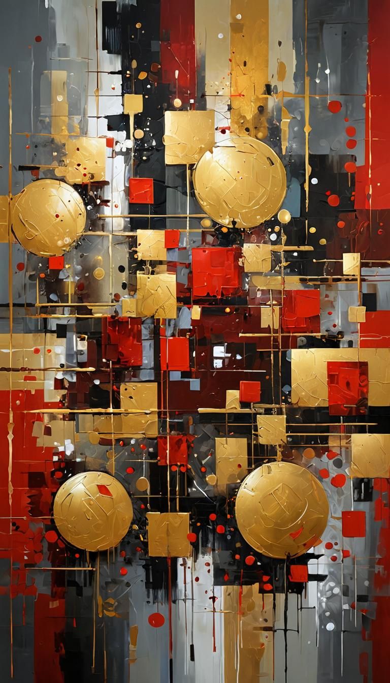 Golden Cubist Masterpiece with Elegant Brushwork