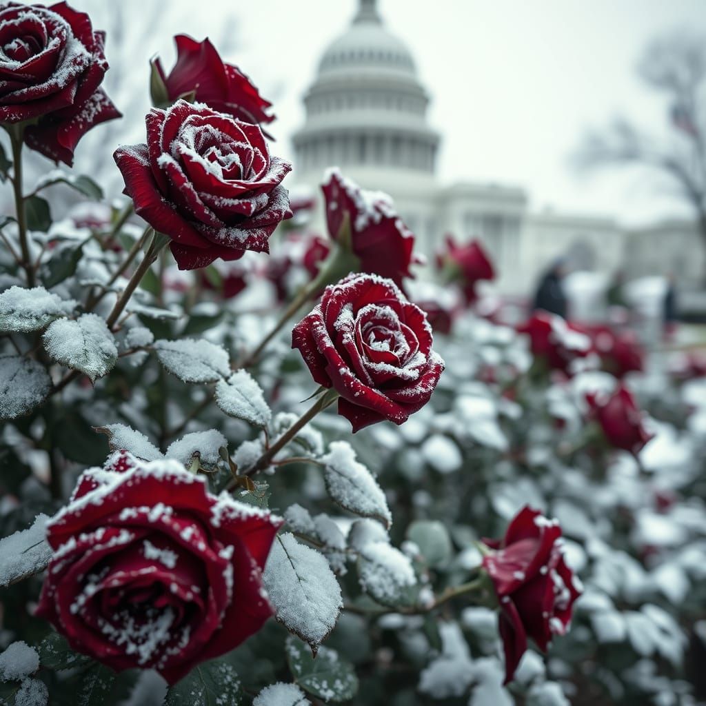 US Capitol Rose Garden After Snowfall in Winter Wonderland S...