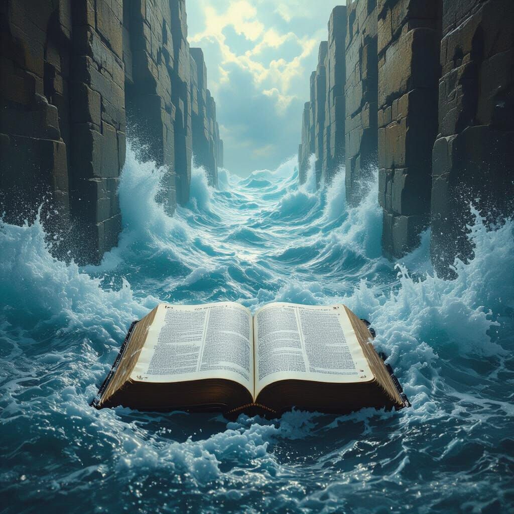 Open Bible Amidst Towering Waves, Hyperrealistic Style