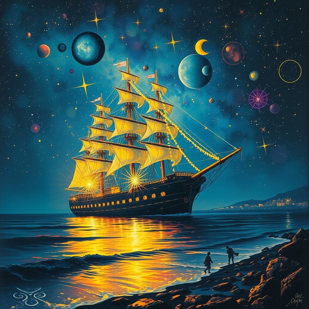 Ghost Ship Festival Amidst Starry Sea, Dali & Manet Style