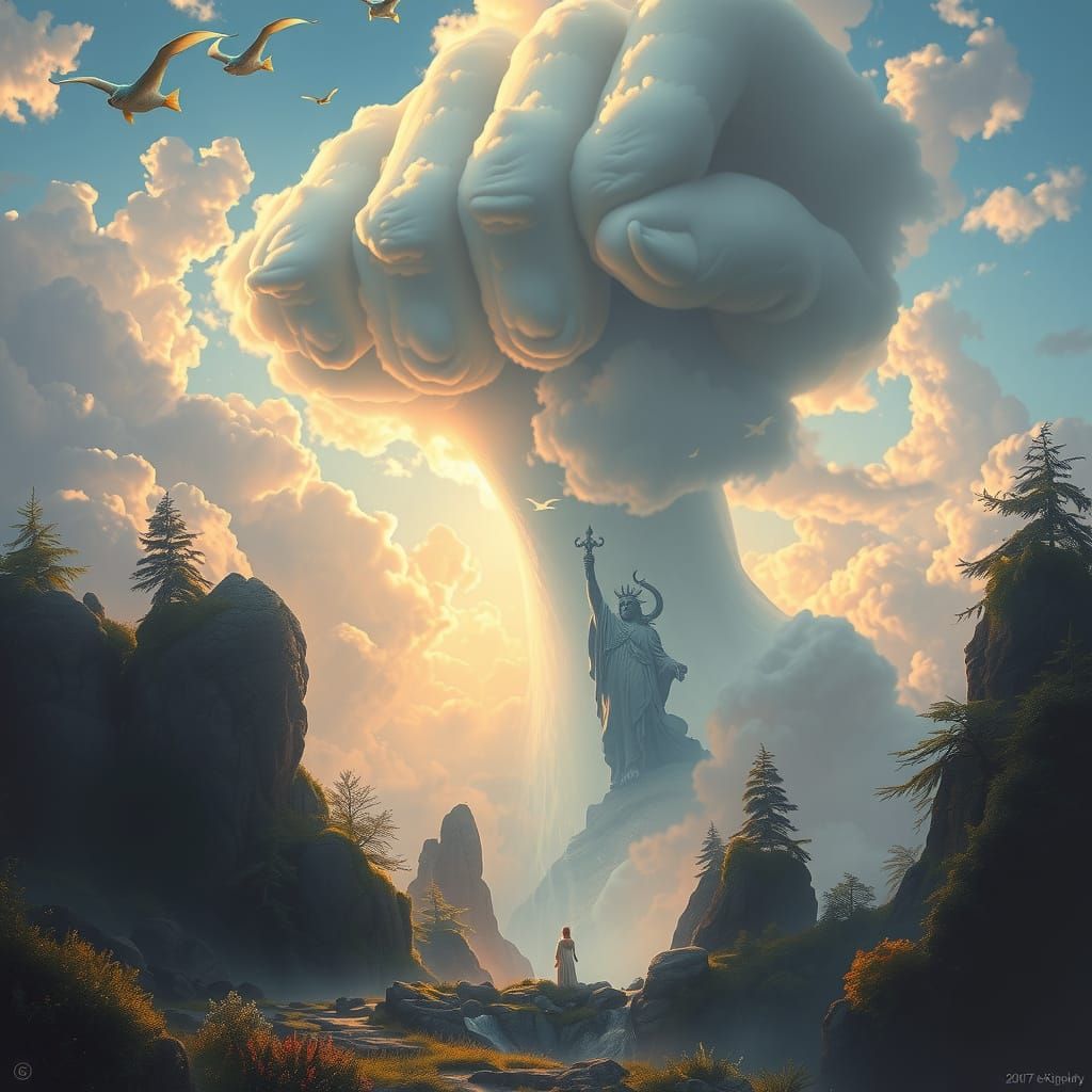 Vibrant Mythical Realm with Entish Guardians and Celestial F...