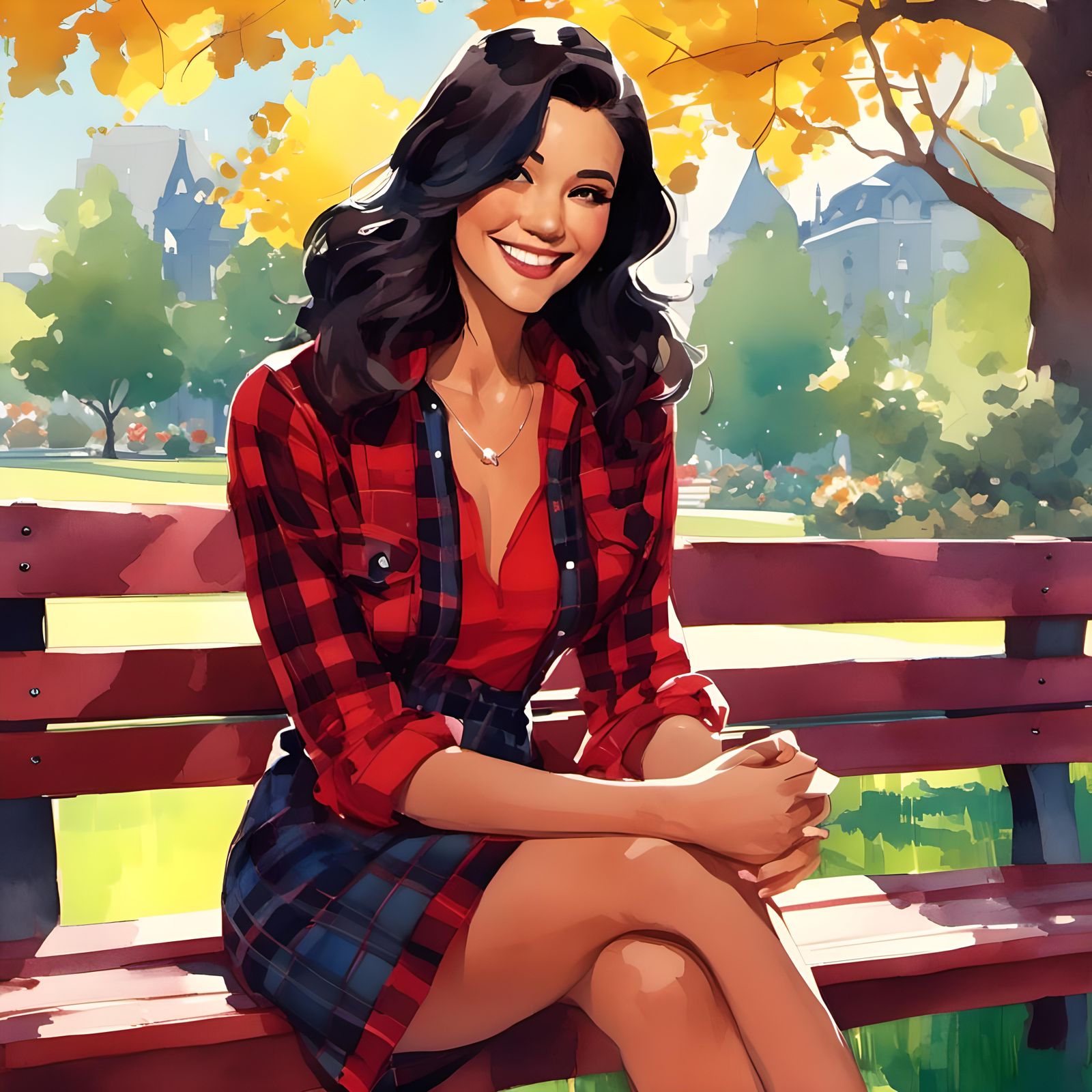 Flirty Woman in Lumberjack Shirt Dress in Autumn Park